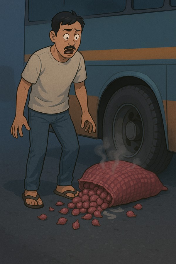 seorang pria kecewa saat sekarung bawang merah yang dibawanya tergilas oleh bis