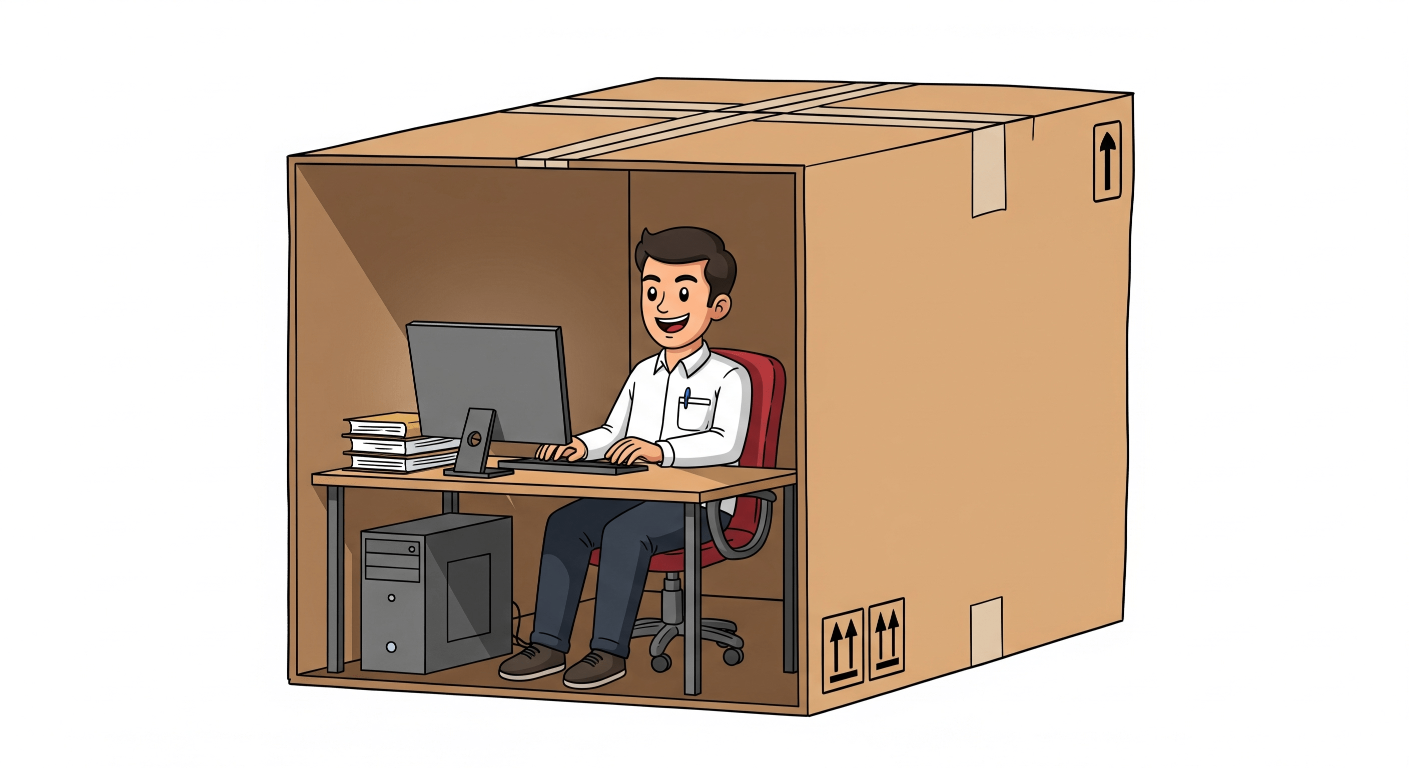 karyawan tetap bahagia walau harus bekerja di dalam kotak