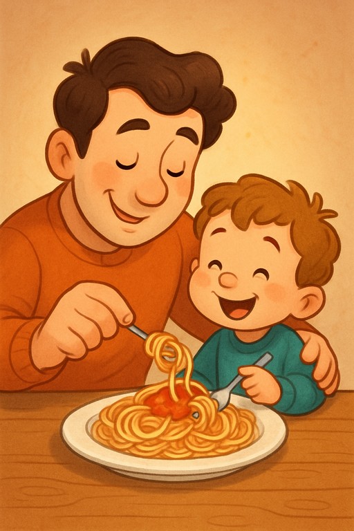 ayah dan anak makan spaghetti bersama