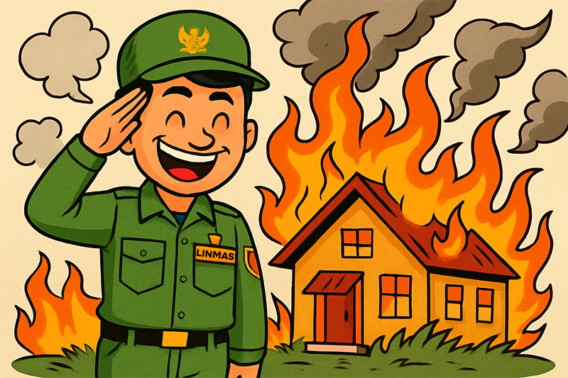 hansip memberikan hormat dengan latar belakang rumah kebakaran