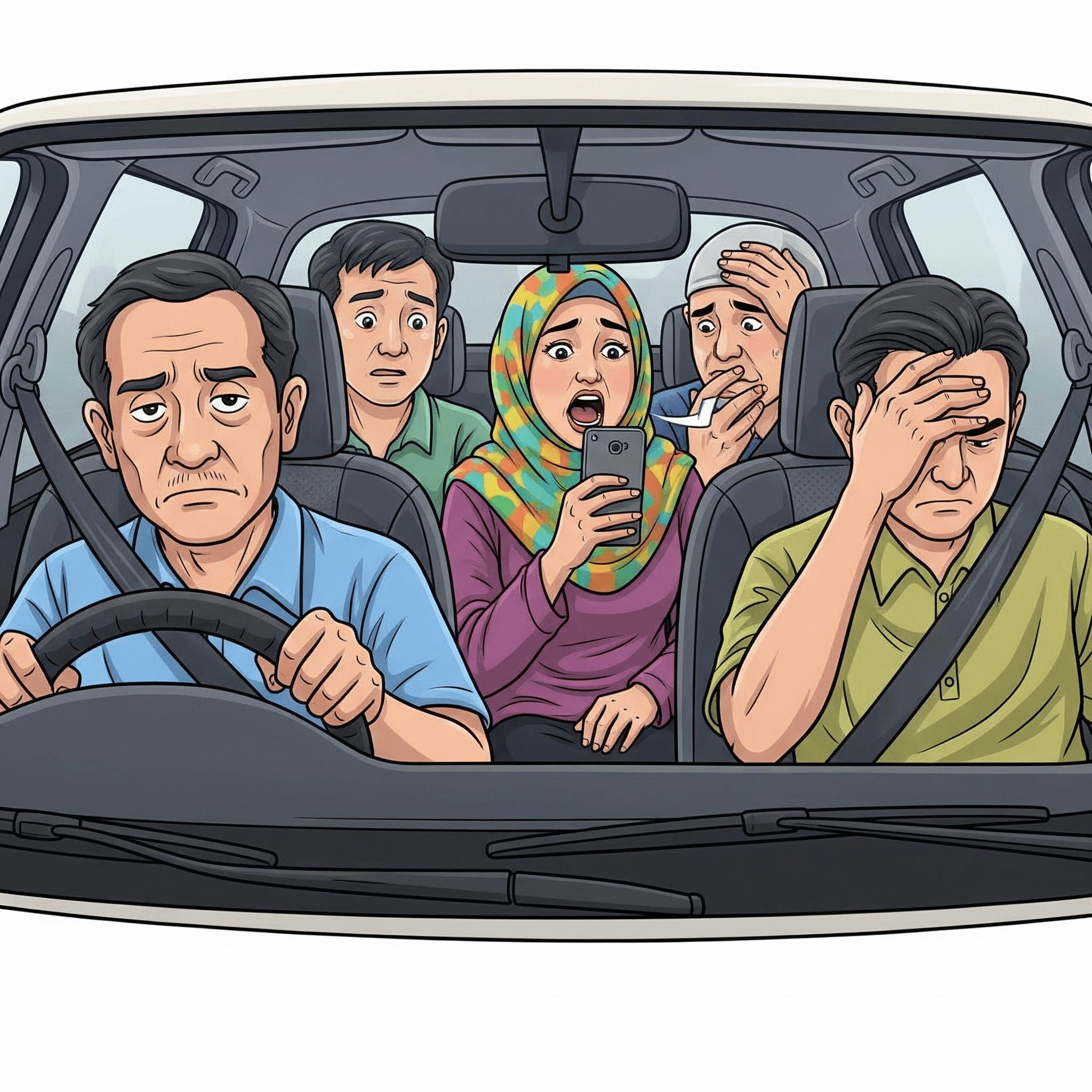 suasana awkward akibat ada satu orang dalam mobil yang bicara terlalu keras tentang pak supir