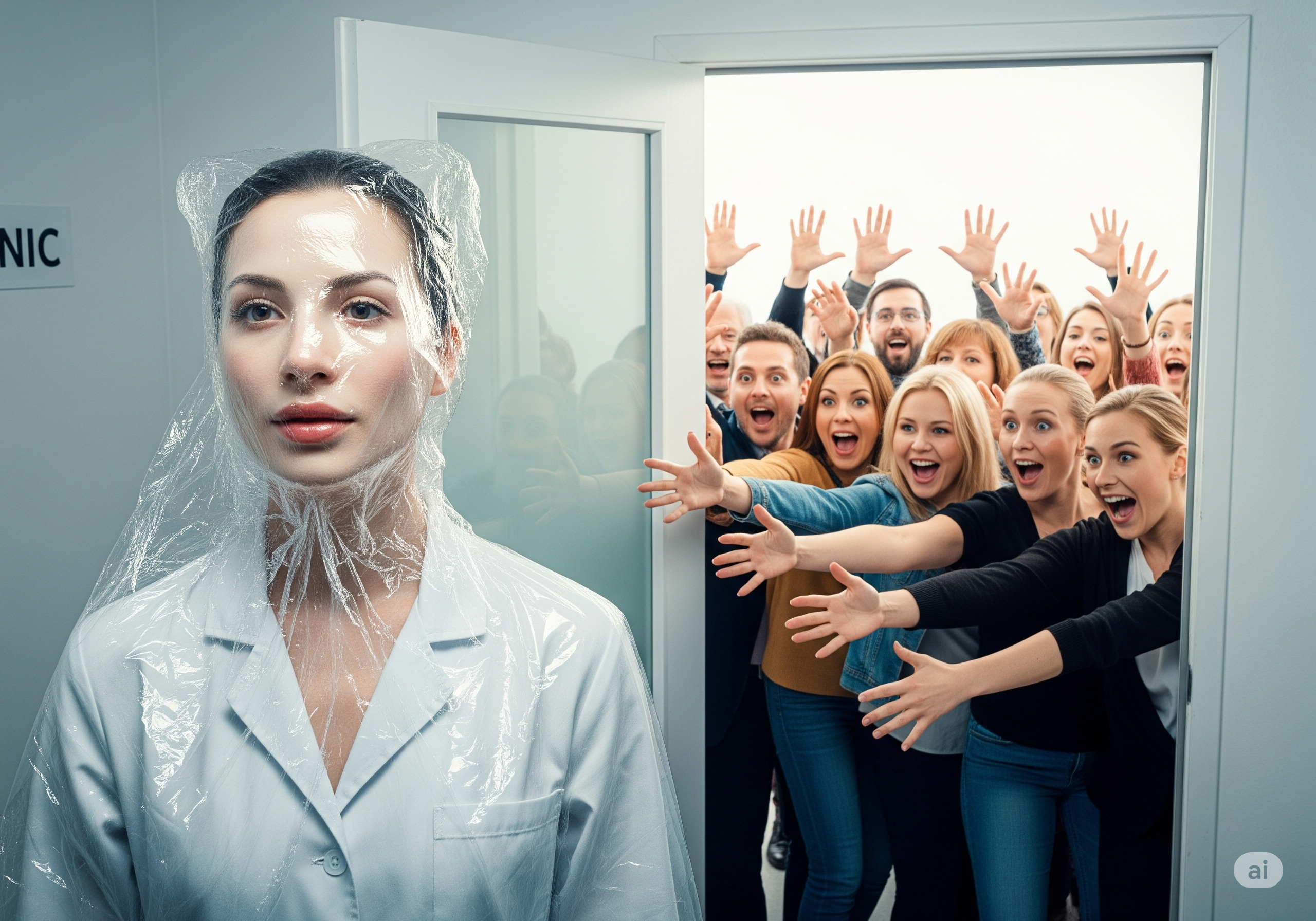 seorang wanita yang baru menjalani operasi plastik dengan menempelkan plastik di mukanya disambut khalayak ramai